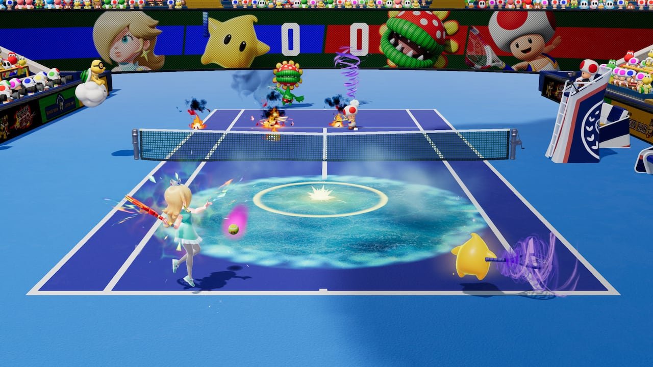 default-5 video game screenshot of Mario characters playing tennis.