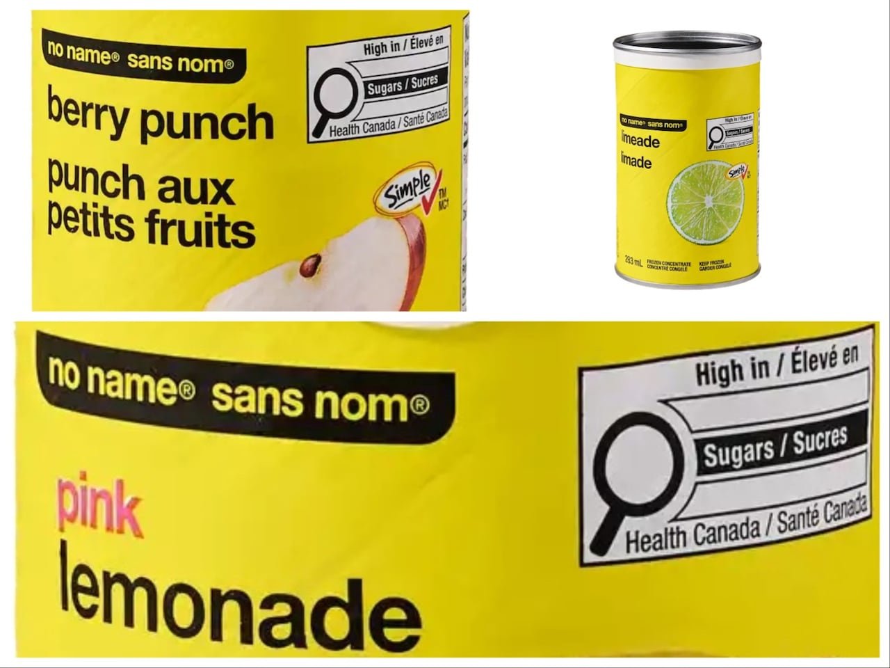 A collage of bright yellow cans with black Helvetica text, labeled limeade, pink lemonade, and berry punch.