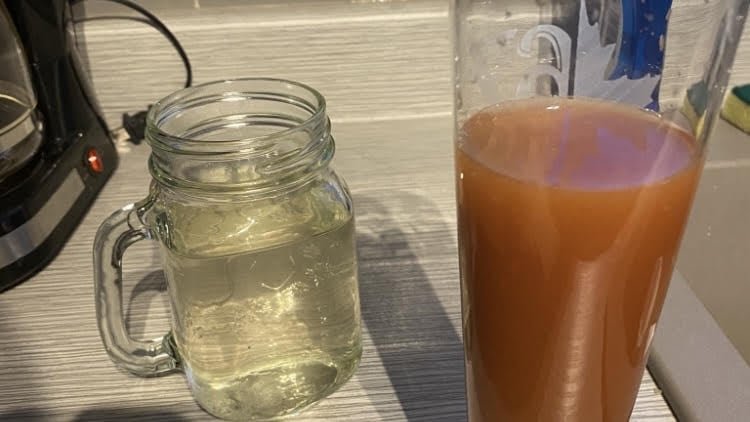 default-59 Two glasses of water for comparison. The untreated water on the right contains high manganese that causes rusty discoloration.